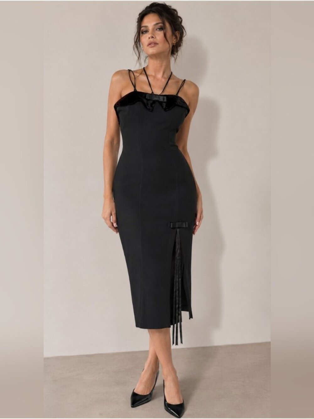 Stunning Late 80s Vintage Black Velvet Embellished And Bows Dress - Picture 1 of 16